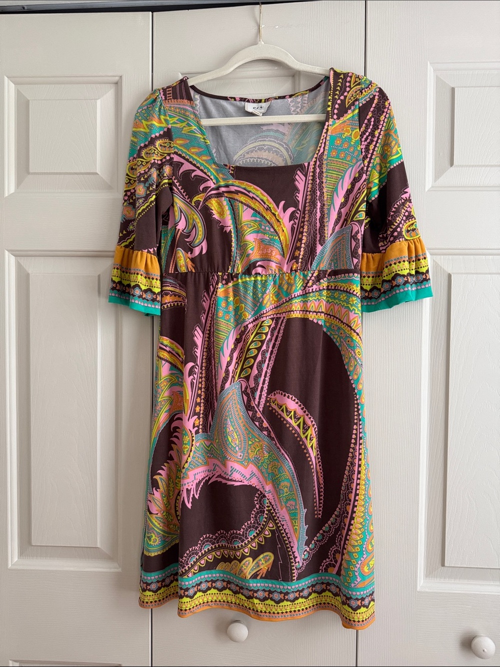 ECI Brown Paisley Midi Dress with Pink, Teal & Yellow Accents